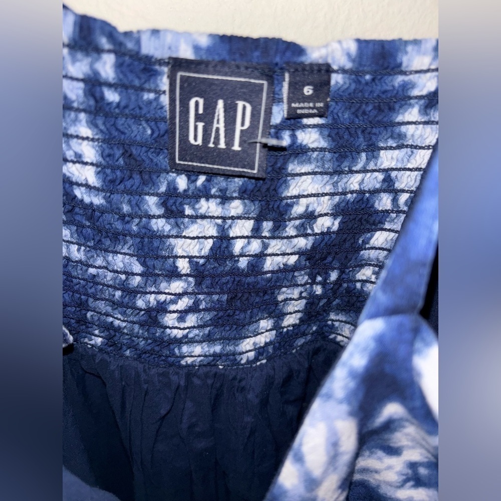 GAP Size 6 Blue Tie Dye Midi Dress- Smocked / Stretch Back, Tie Straps, Lined - Picture 2 of 11